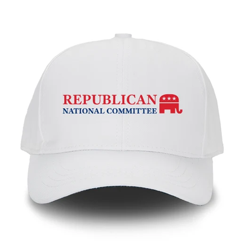 White cap embroidered Republican National Committee with the Stompy elephant