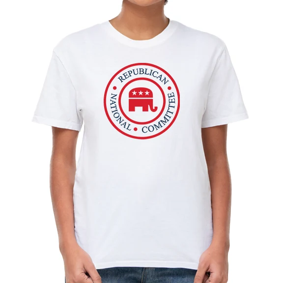 White tee printed with the Stompy seal